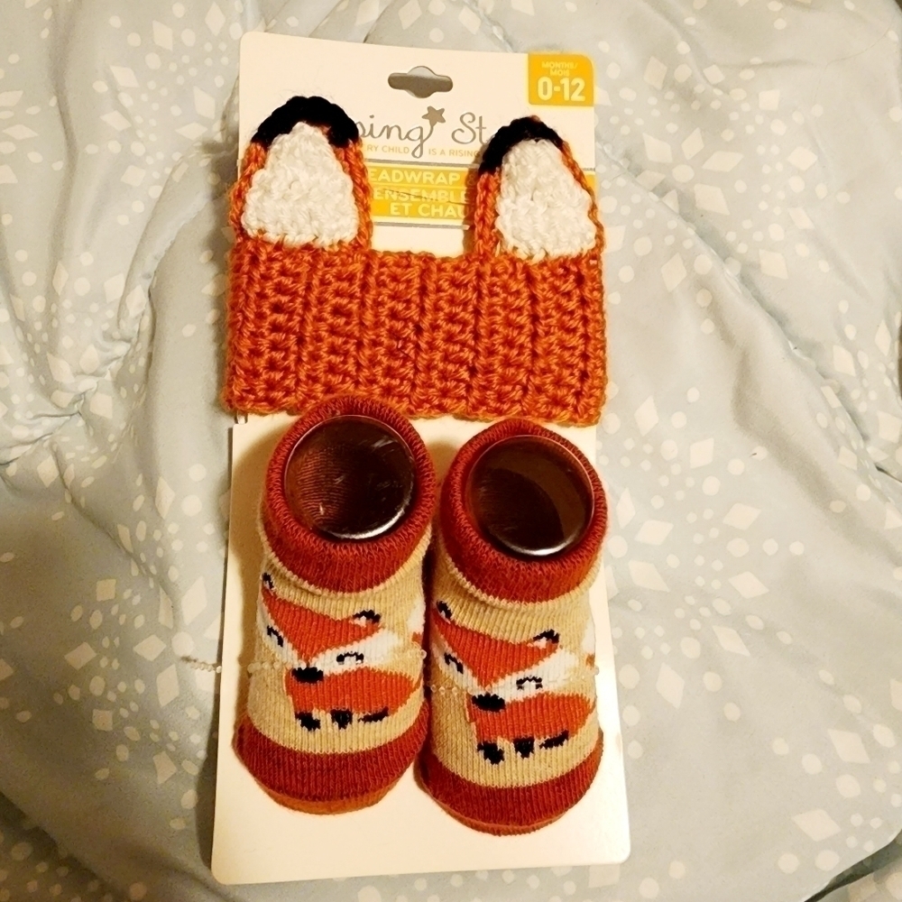 NWT Rising Star Red Fox Headwrap Sock Set Woodland 0-12M Baby Infant Photoshoot